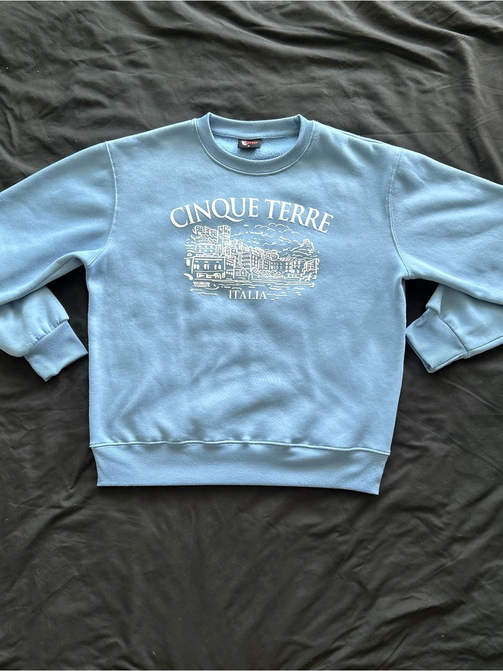 Cinque Terre Italia Crewneck Sweatshirt | Baby Blue Graphic Pullover